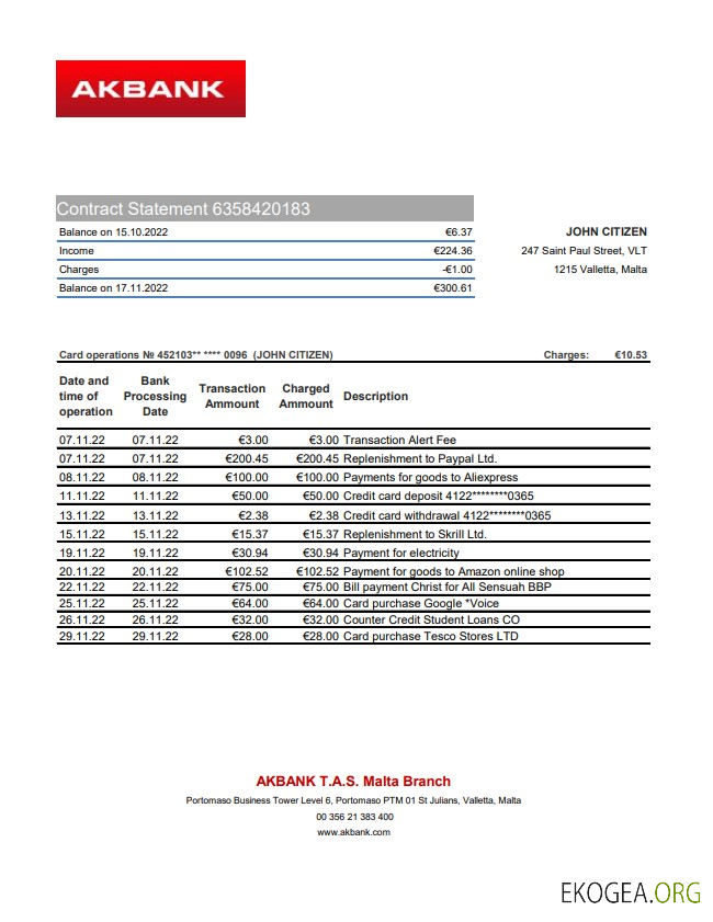 Relevé bancaire Malte Akbank xls
